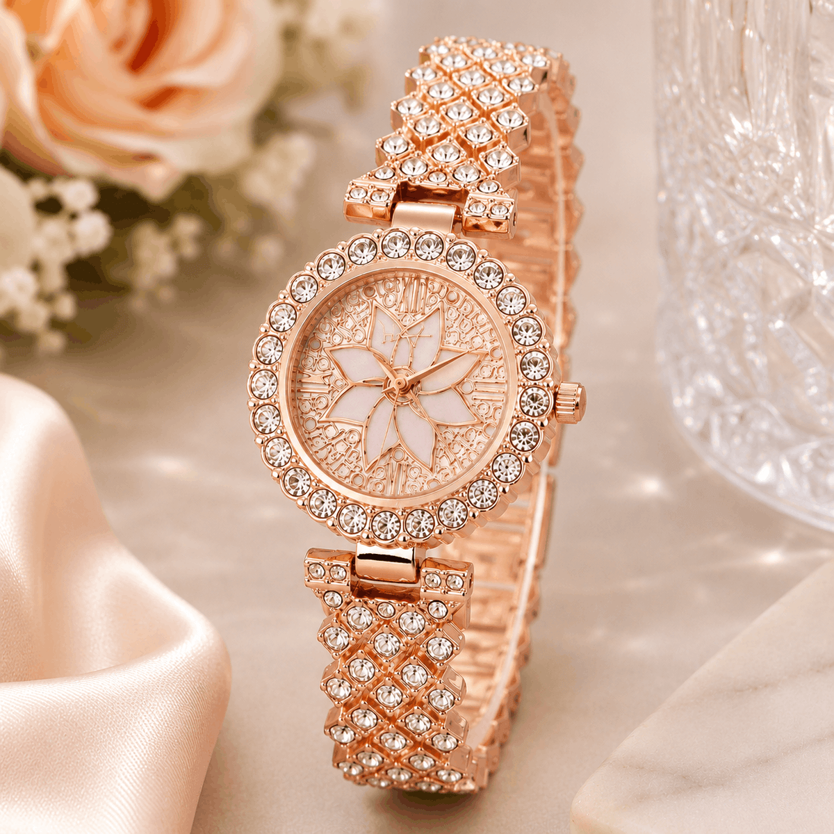 Luxury Floral Crystal Quartz Wrist Watch for Women – Rhinestone Bracelet Analog Fashion Wristwatch for Daily Wear, Party & Gift