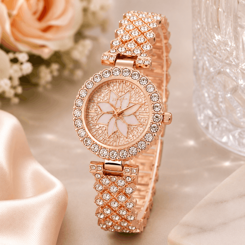 Luxury Floral Crystal Quartz Wrist Watch for Women – Rhinestone Bracelet Analog Fashion Wristwatch for Daily Wear, Party & Gift